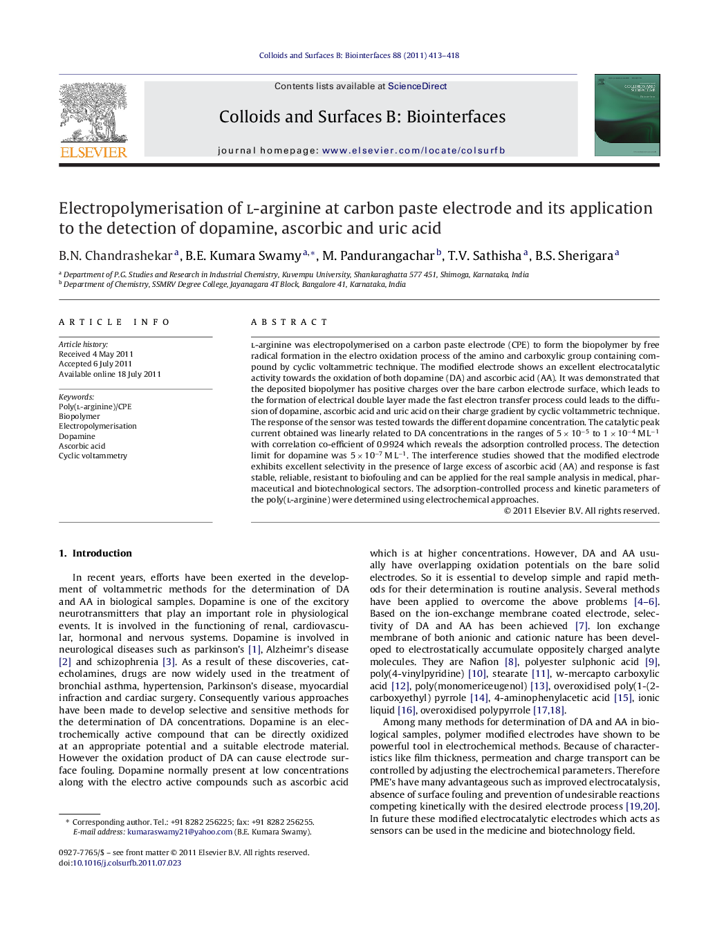 Electropolymerisation of l-arginine at carbon paste electrode and its application to the detection of dopamine, ascorbic and uric acid