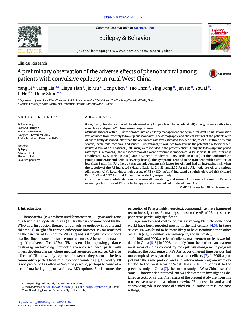 A preliminary observation of the adverse effects of phenobarbital among patients with convulsive epilepsy in rural West China