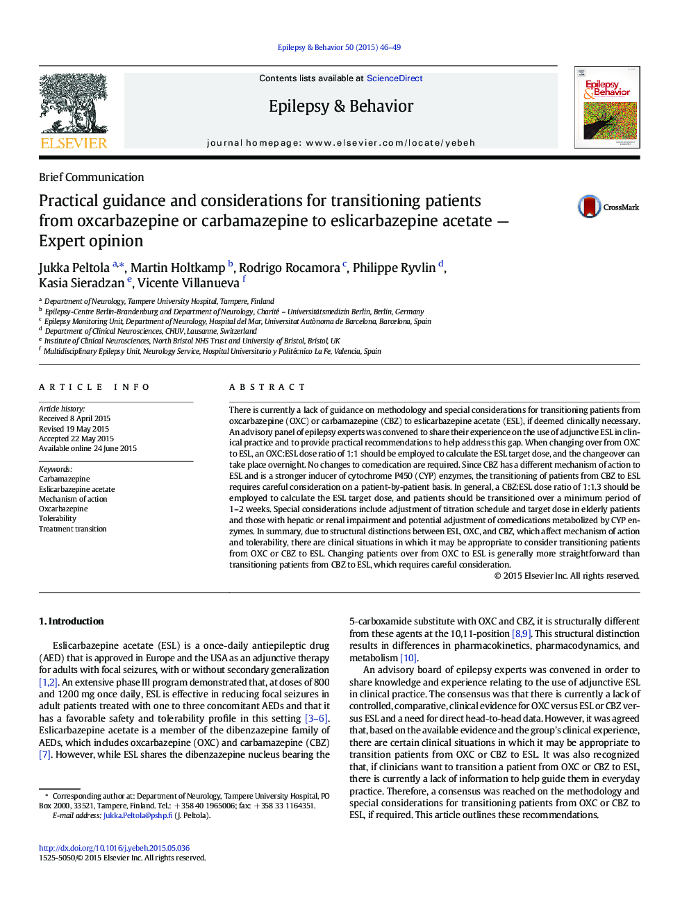 Practical guidance and considerations for transitioning patients from oxcarbazepine or carbamazepine to eslicarbazepine acetate - Expert opinion