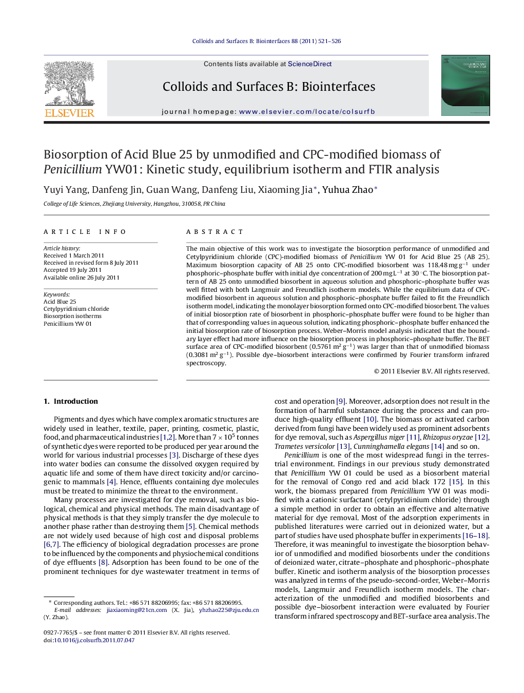 Biosorption of Acid Blue 25 by unmodified and CPC-modified biomass of Penicillium YW01: Kinetic study, equilibrium isotherm and FTIR analysis