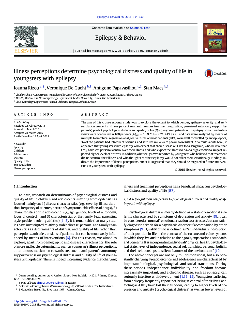 Illness perceptions determine psychological distress and quality of life in youngsters with epilepsy