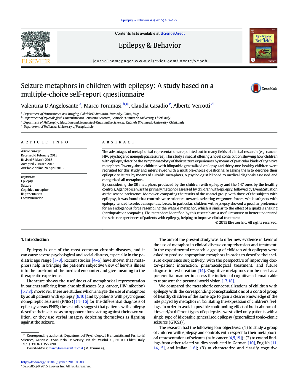 Seizure metaphors in children with epilepsy: A study based on a multiple-choice self-report questionnaire