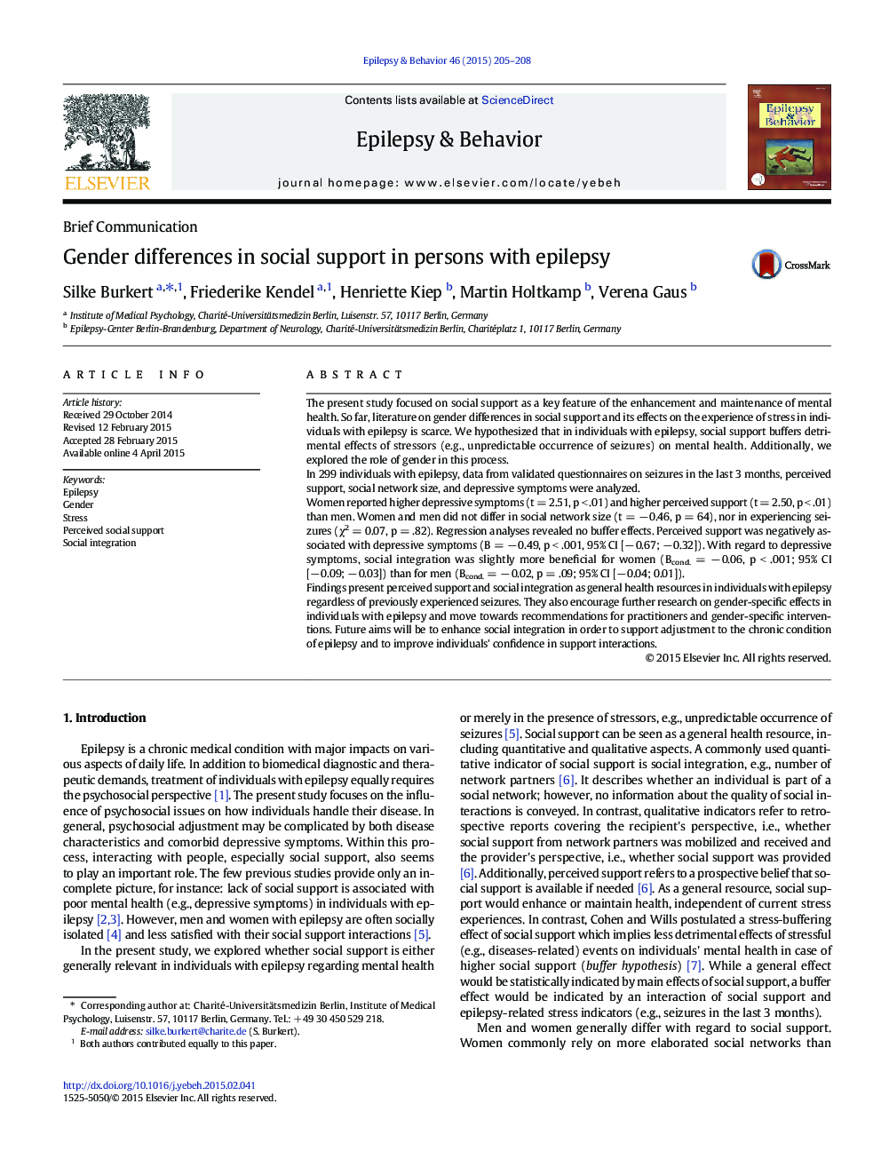 Brief CommunicationGender differences in social support in persons with epilepsy