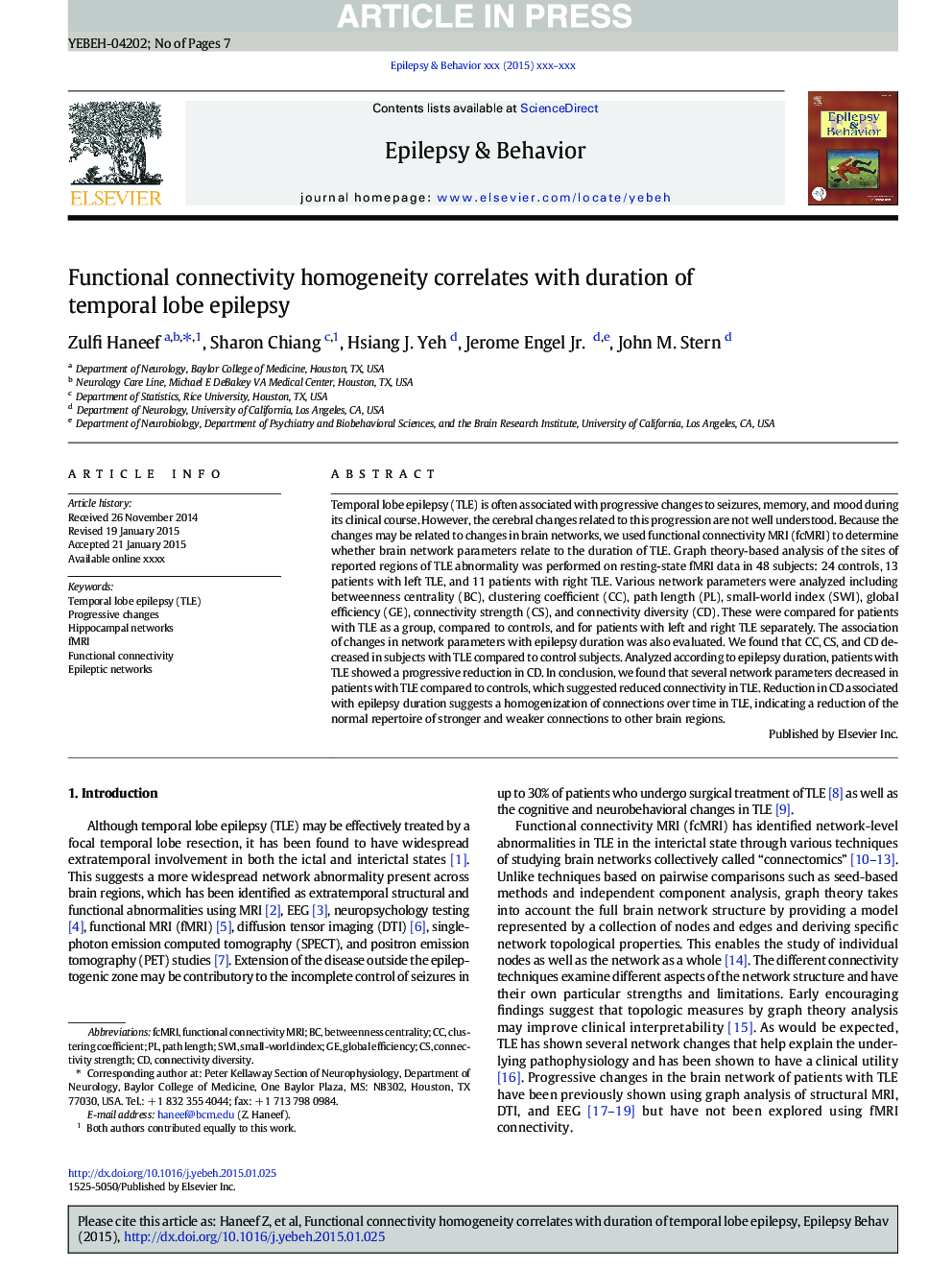 Functional connectivity homogeneity correlates with duration of temporal lobe epilepsy