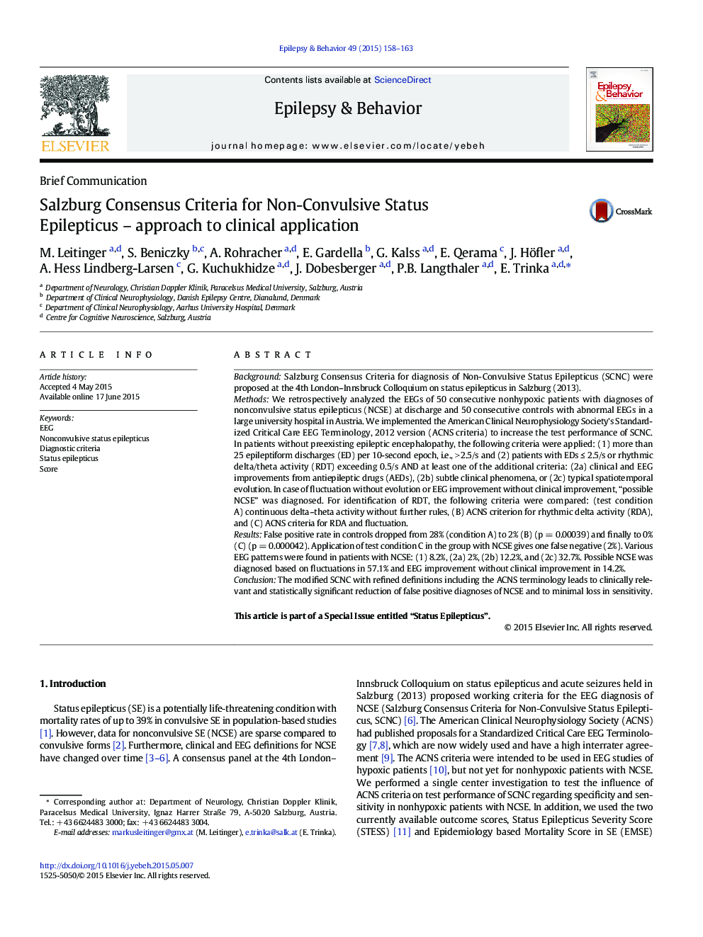 Brief CommunicationSalzburg Consensus Criteria for Non-Convulsive Status Epilepticus - approach to clinical application