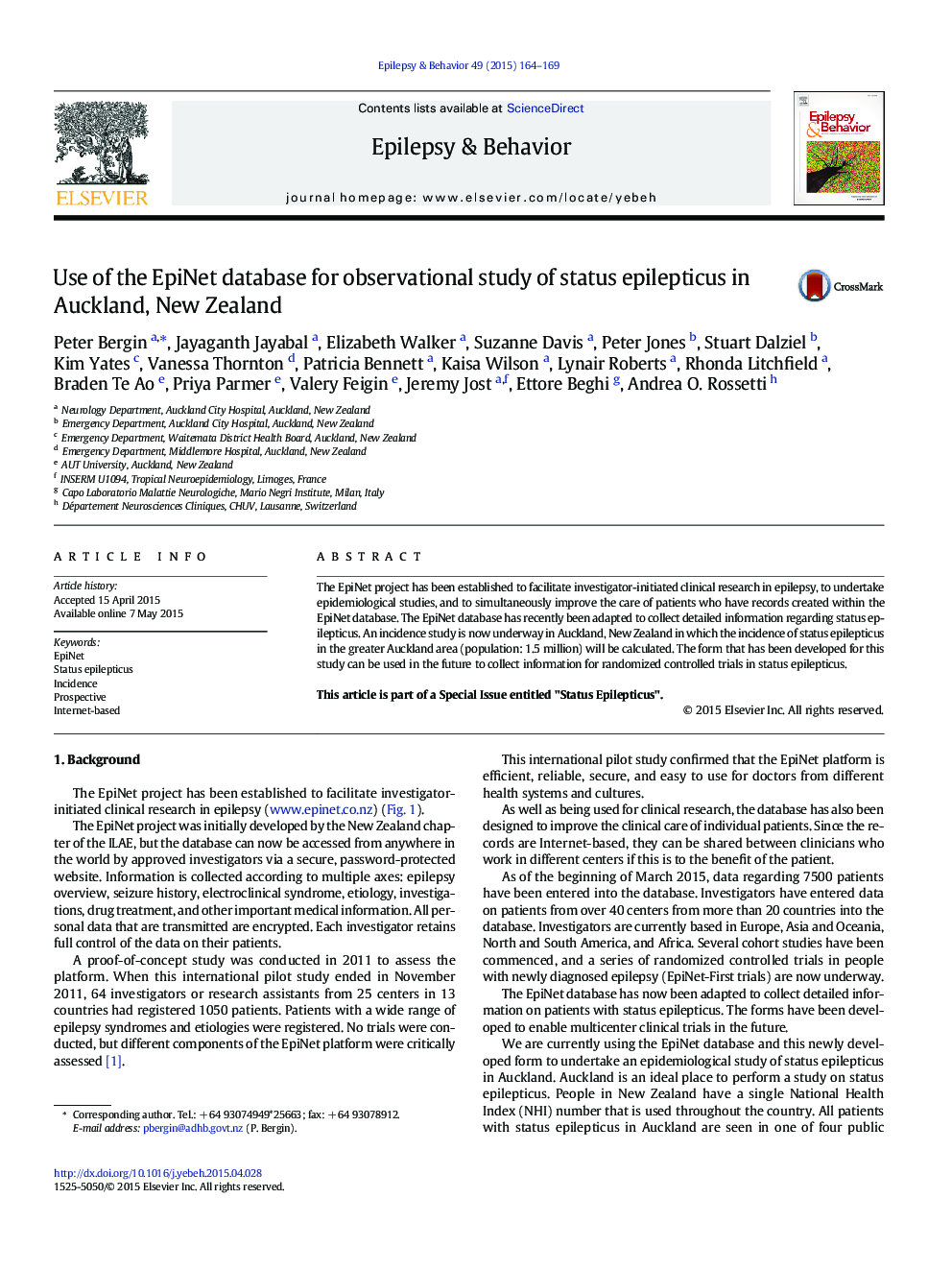 Use of the EpiNet database for observational study of status epilepticus in Auckland, New Zealand