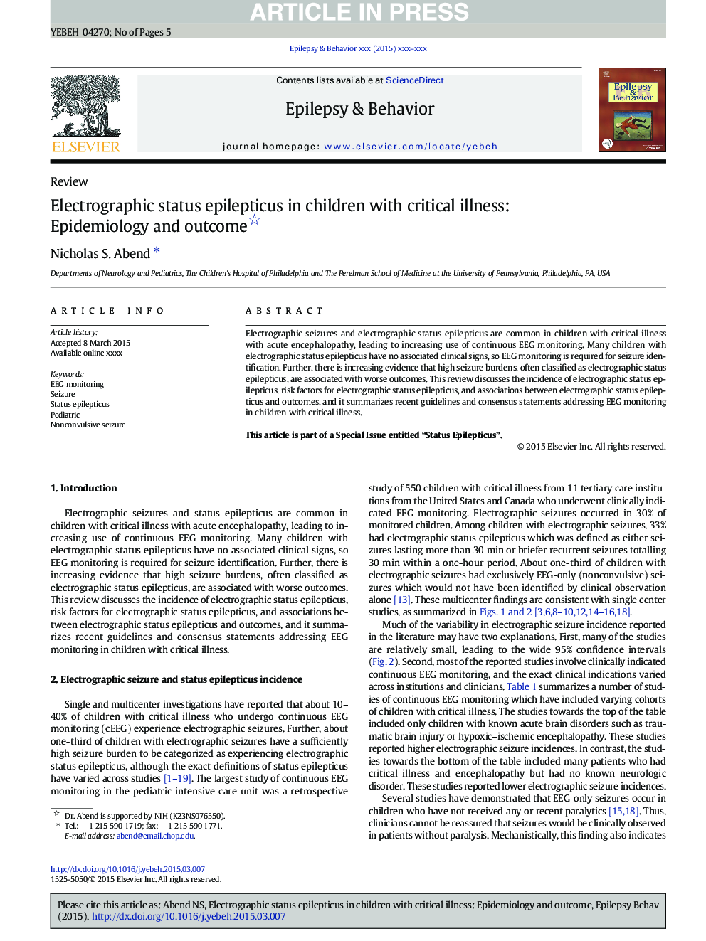 Electrographic status epilepticus in children with critical illness: Epidemiology and outcome
