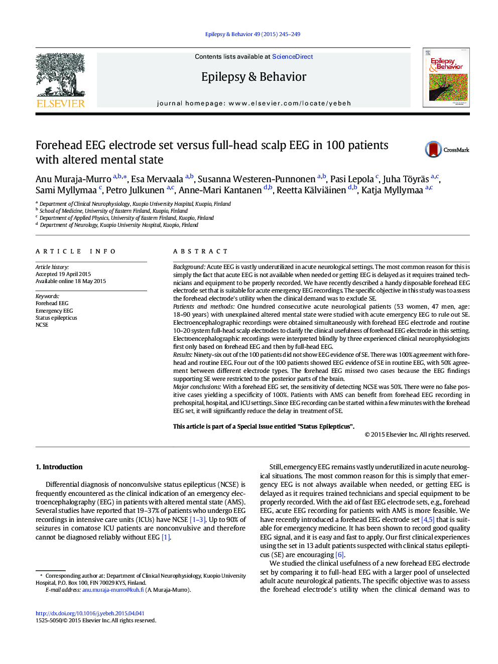 Forehead EEG electrode set versus full-head scalp EEG in 100 patients with altered mental state