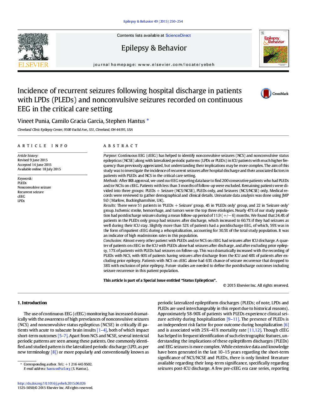 Incidence of recurrent seizures following hospital discharge in patients with LPDs (PLEDs) and nonconvulsive seizures recorded on continuous EEG in the critical care setting