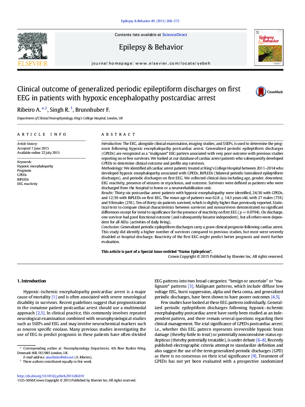 Clinical outcome of generalized periodic epileptiform discharges on first EEG in patients with hypoxic encephalopathy postcardiac arrest