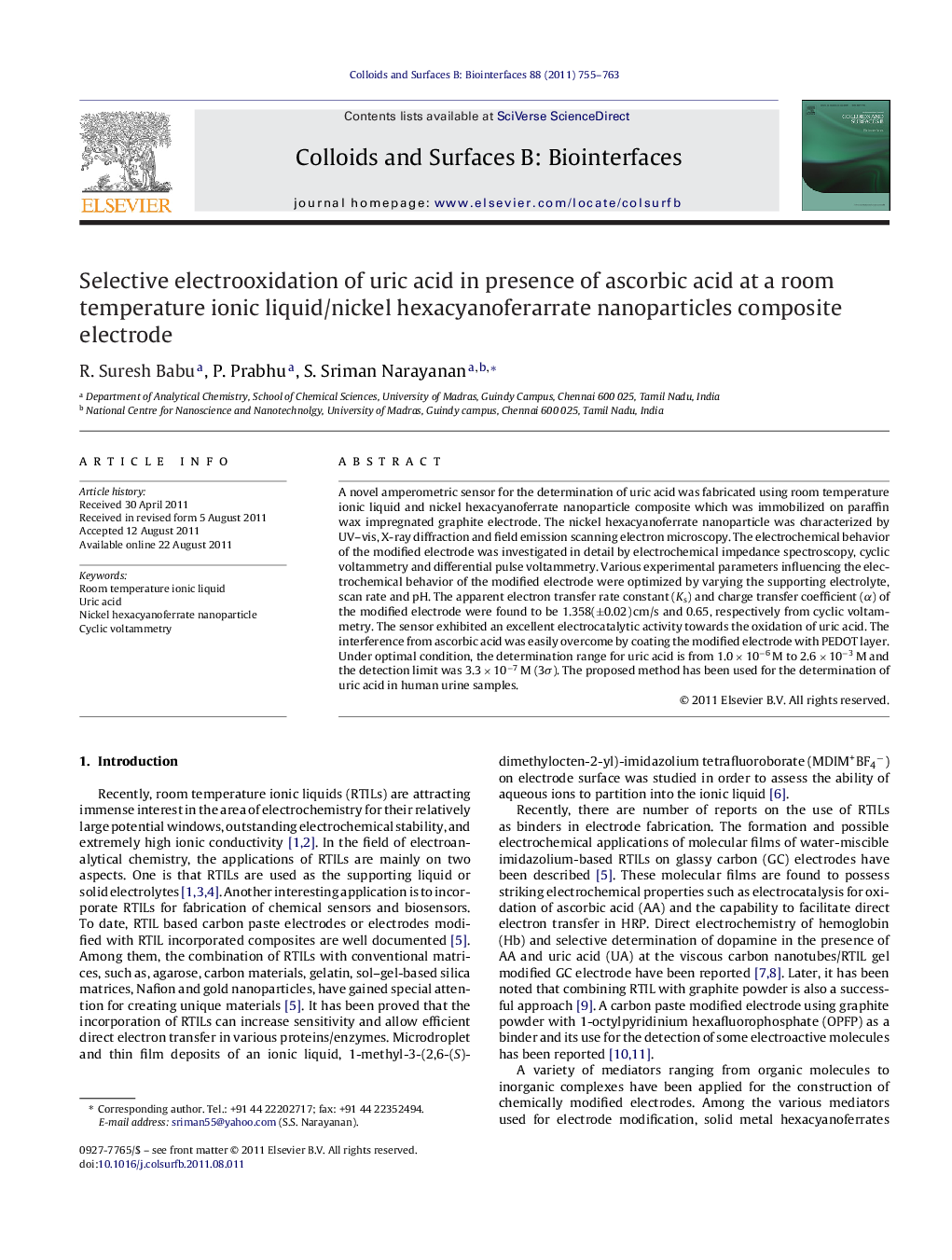 Selective electrooxidation of uric acid in presence of ascorbic acid at a room temperature ionic liquid/nickel hexacyanoferarrate nanoparticles composite electrode