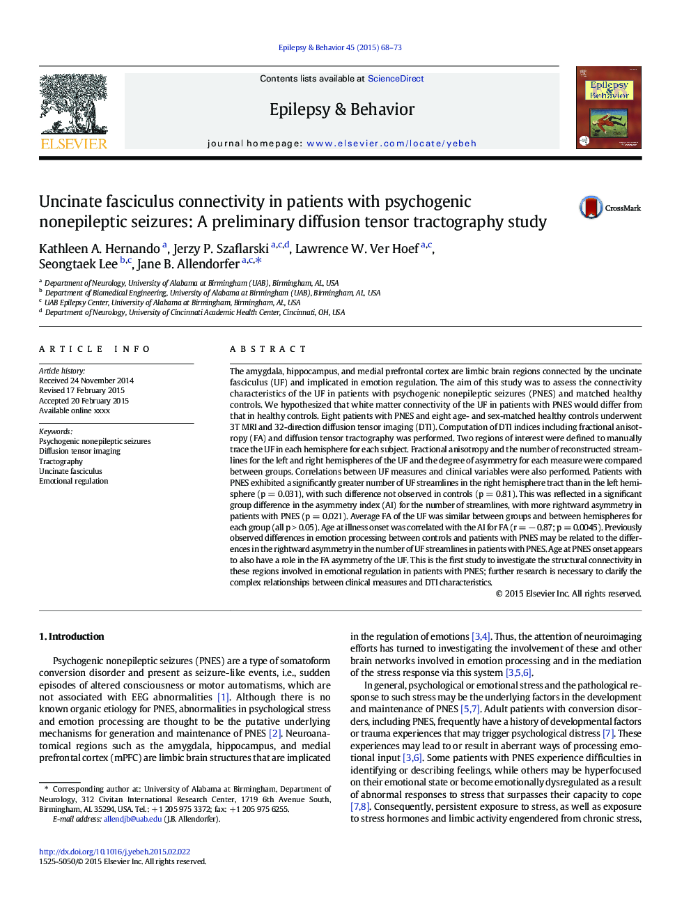 Uncinate fasciculus connectivity in patients with psychogenic nonepileptic seizures: A preliminary diffusion tensor tractography study