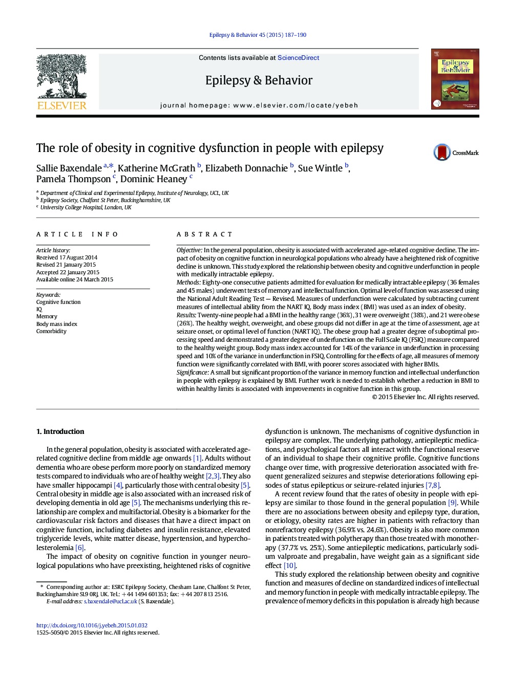 The role of obesity in cognitive dysfunction in people with epilepsy