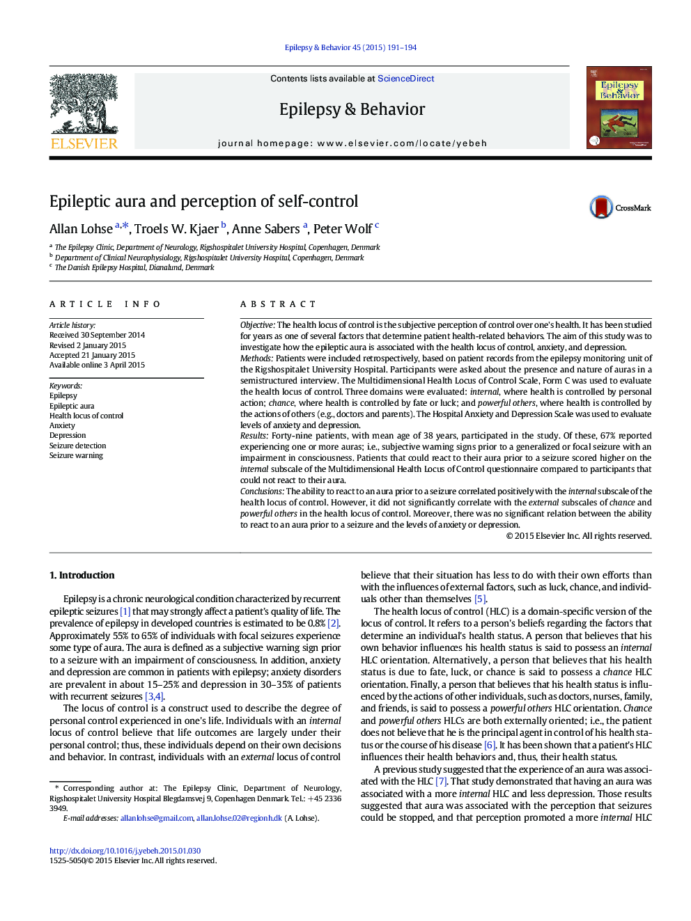 Epileptic aura and perception of self-control