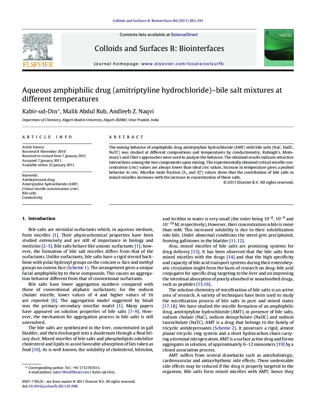 Aqueous amphiphilic drug (amitriptyline hydrochloride)–bile salt mixtures at different temperatures
