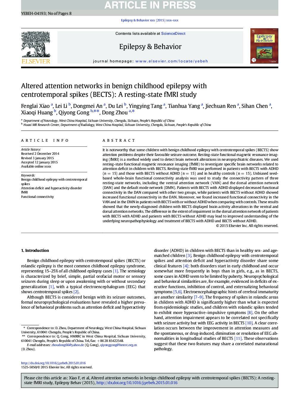 Altered attention networks in benign childhood epilepsy with centrotemporal spikes (BECTS): A resting-state fMRI study