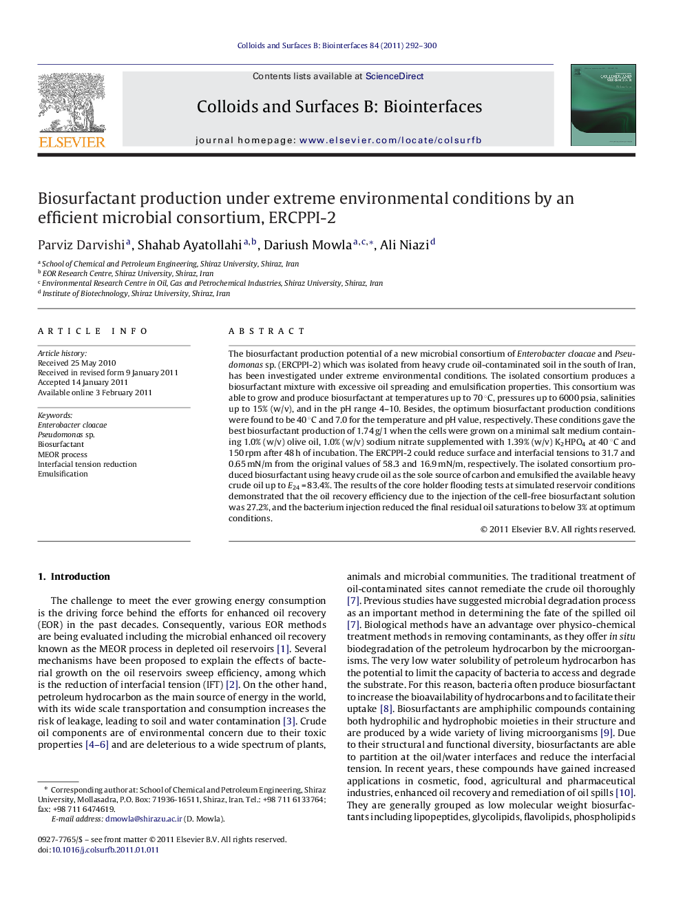 Biosurfactant production under extreme environmental conditions by an efficient microbial consortium, ERCPPI-2