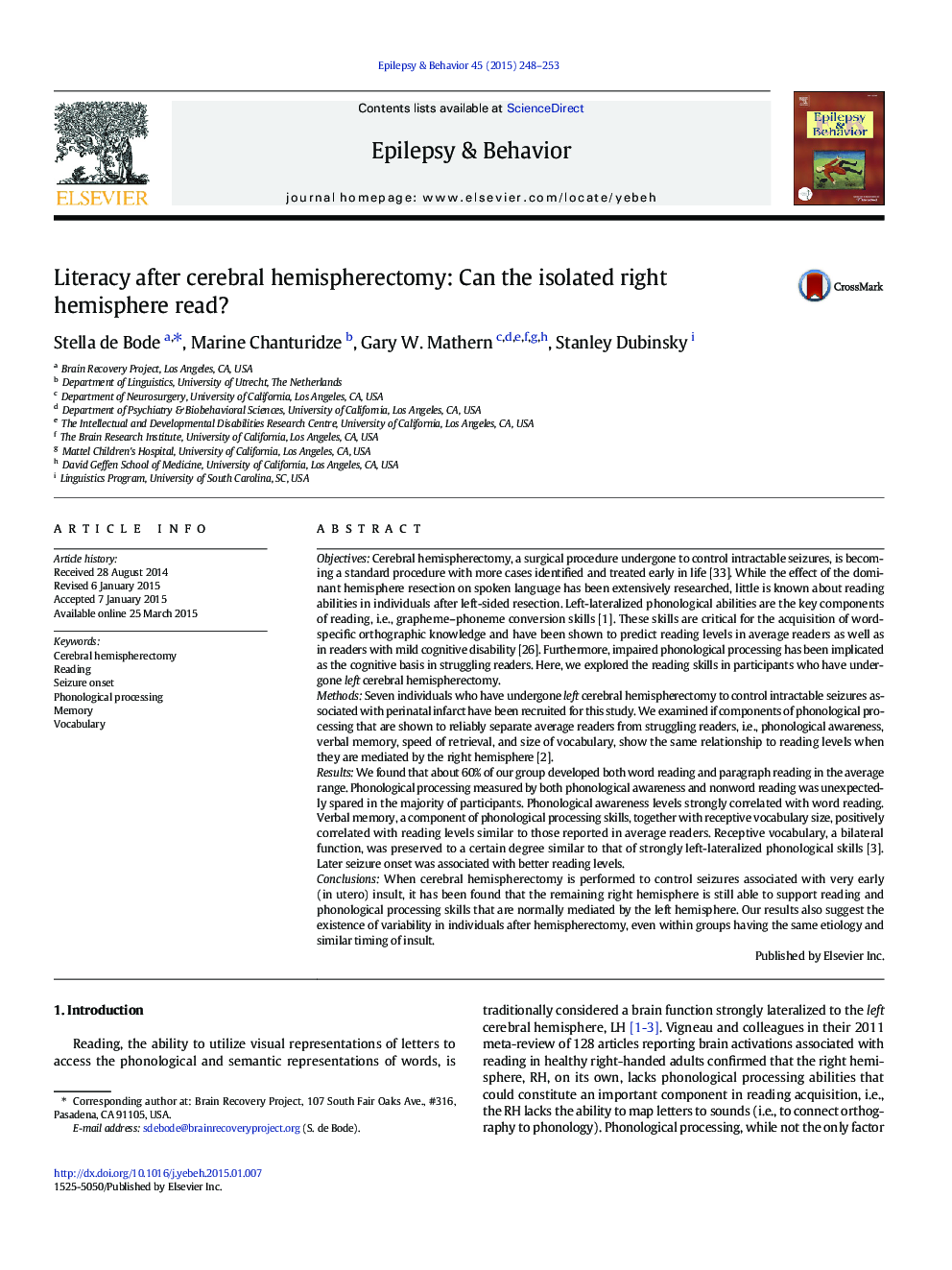 Literacy after cerebral hemispherectomy: Can the isolated right hemisphere read?