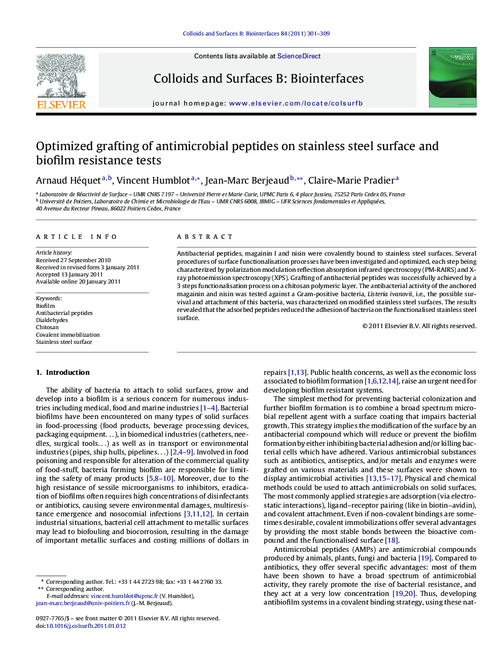 Optimized grafting of antimicrobial peptides on stainless steel surface and biofilm resistance tests