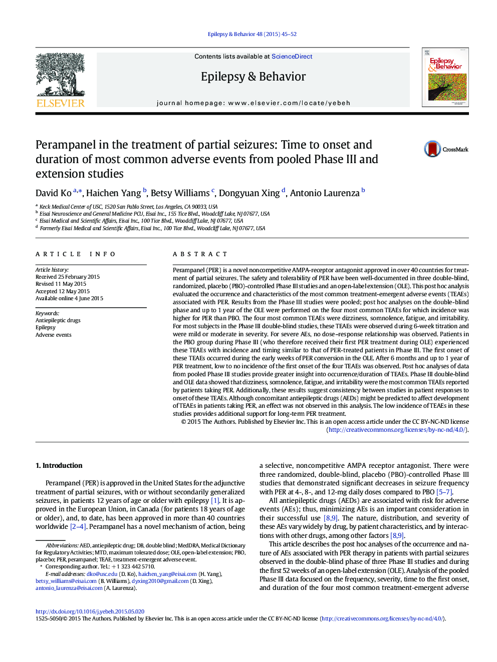 Perampanel in the treatment of partial seizures: Time to onset and duration of most common adverse events from pooled Phase III and extension studies