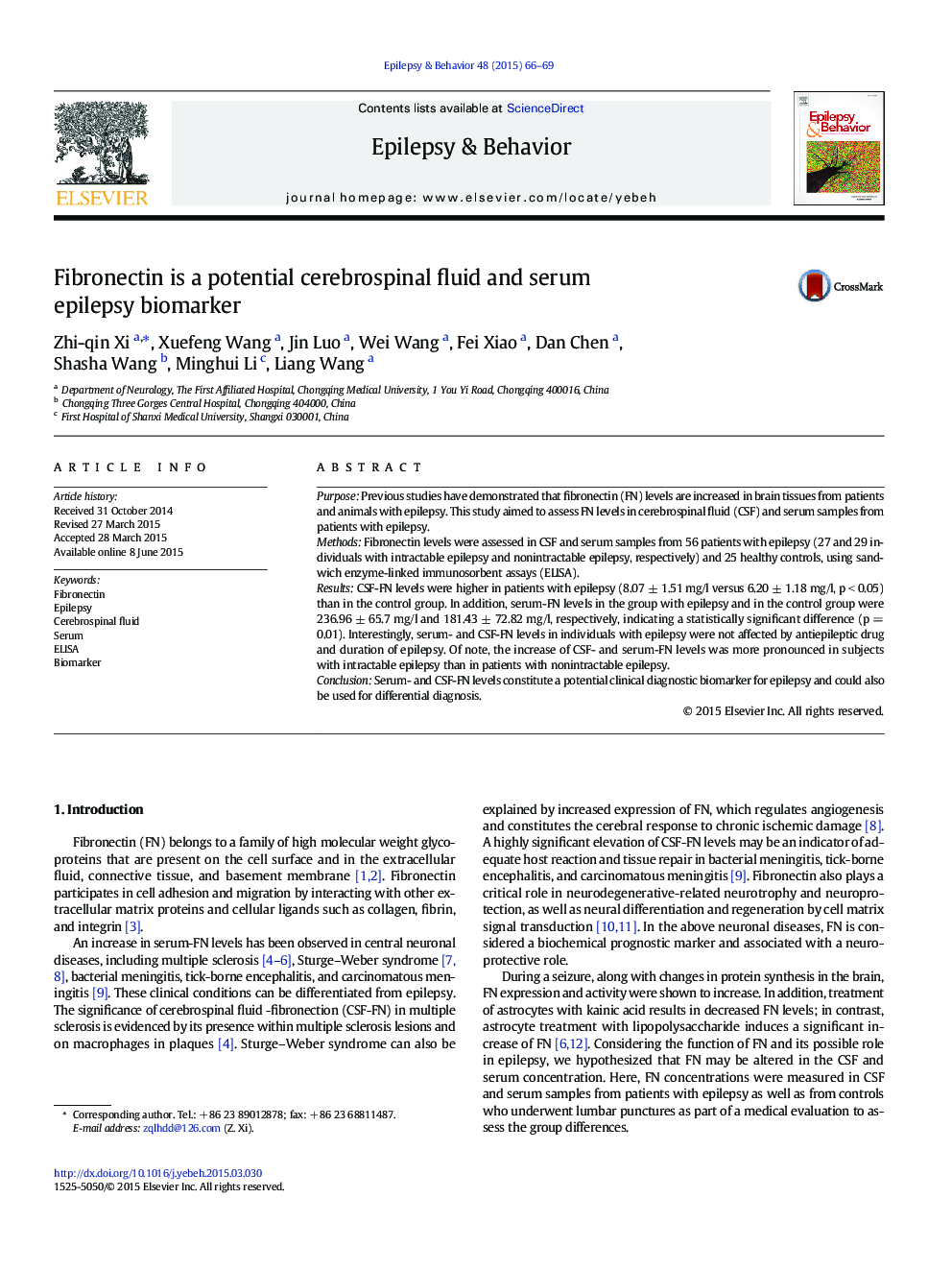 Fibronectin is a potential cerebrospinal fluid and serum epilepsy biomarker