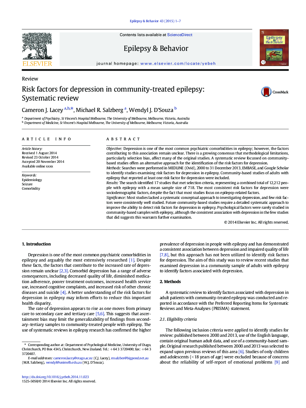 Risk factors for depression in community-treated epilepsy: Systematic review