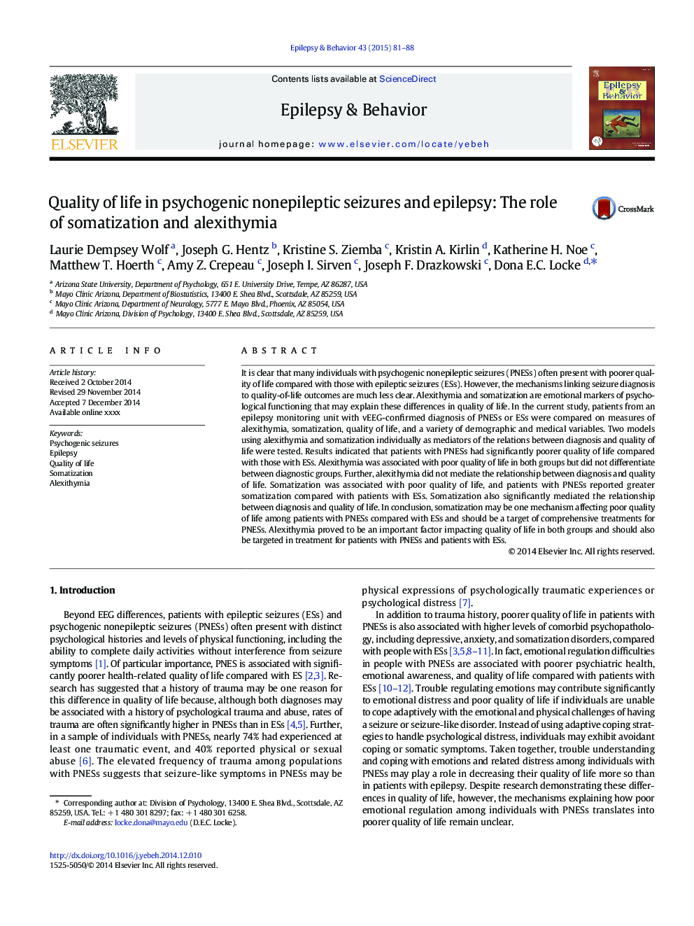 Quality of life in psychogenic nonepileptic seizures and epilepsy: The role of somatization and alexithymia