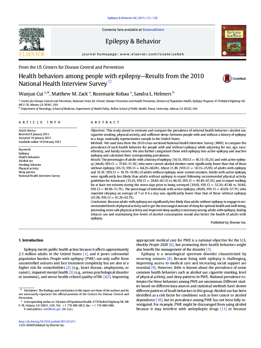 From the US Centers for Disease Control and PreventionHealth behaviors among people with epilepsy-Results from the 2010 National Health Interview Survey