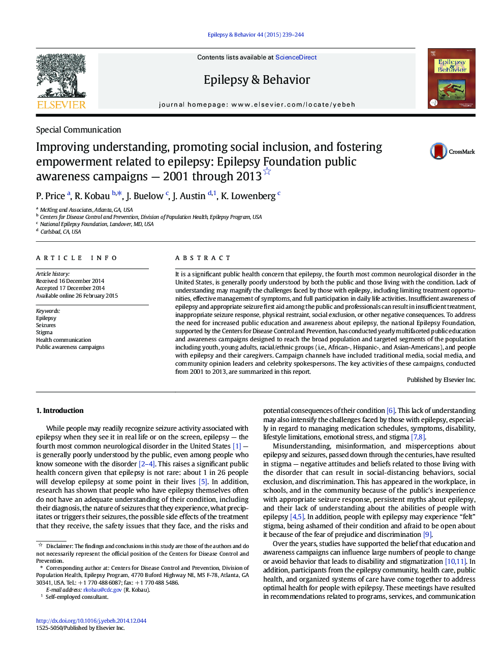 Improving understanding, promoting social inclusion, and fostering empowerment related to epilepsy: Epilepsy Foundation public awareness campaigns - 2001 through 2013