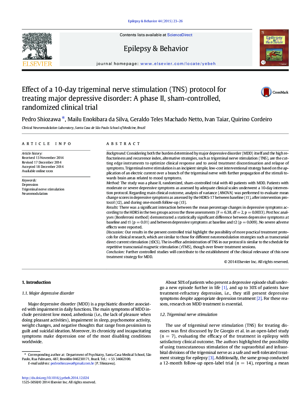 Effect of a 10-day trigeminal nerve stimulation (TNS) protocol for treating major depressive disorder: A phase II, sham-controlled, randomized clinical trial