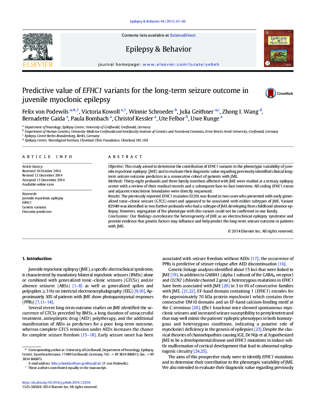 Predictive value of EFHC1 variants for the long-term seizure outcome in juvenile myoclonic epilepsy