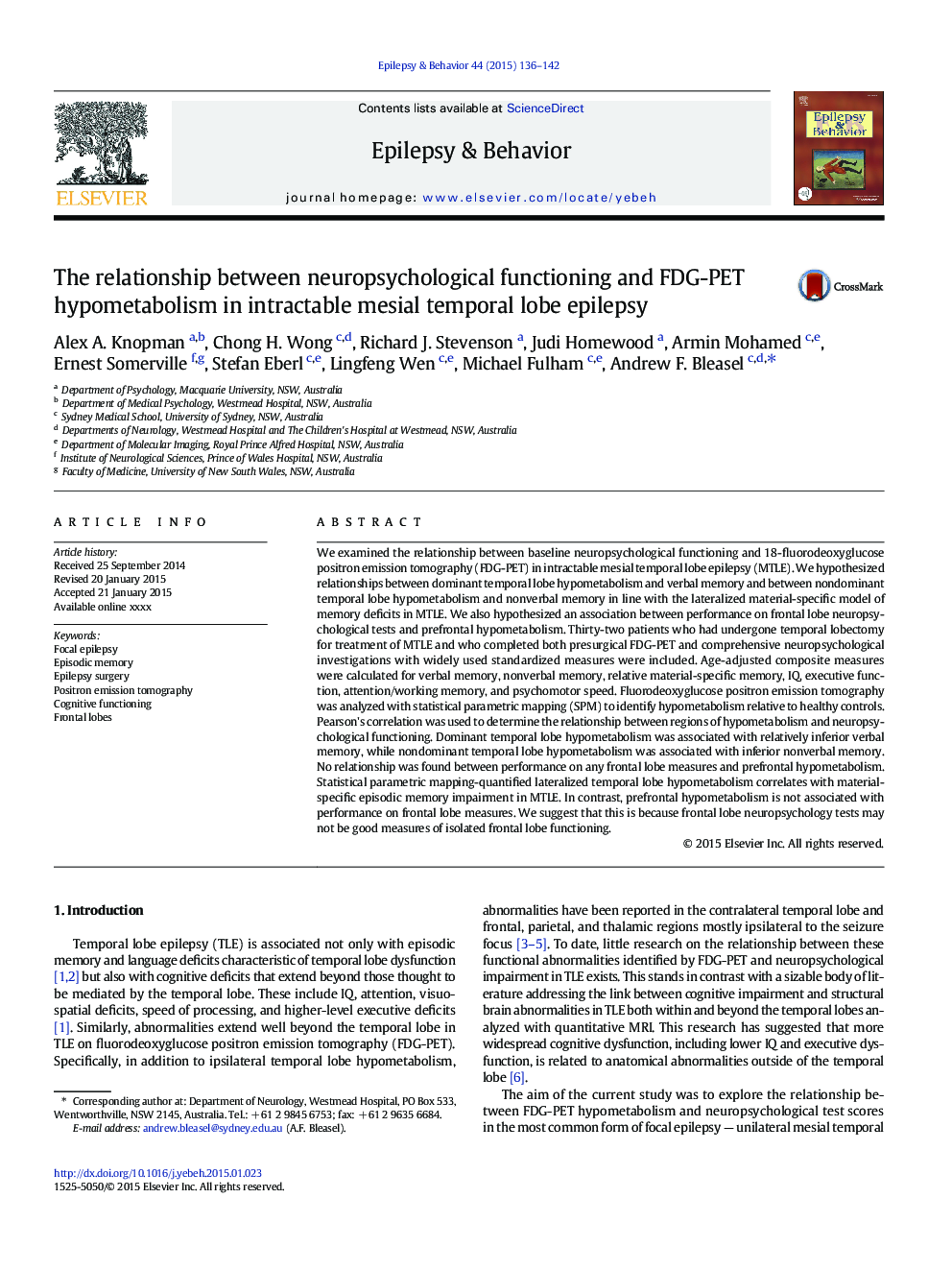 The relationship between neuropsychological functioning and FDG-PET hypometabolism in intractable mesial temporal lobe epilepsy