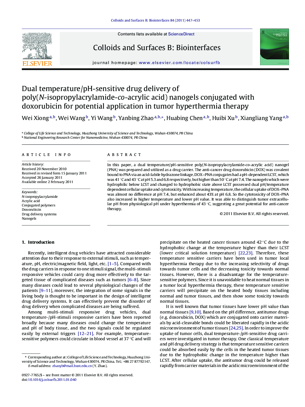 Dual temperature/pH-sensitive drug delivery of poly(N-isopropylacrylamide-co-acrylic acid) nanogels conjugated with doxorubicin for potential application in tumor hyperthermia therapy