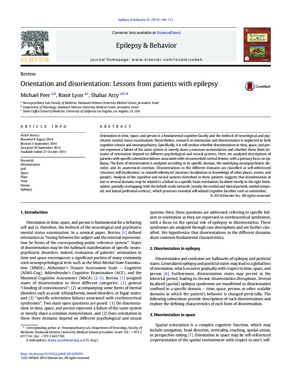 عکس صفحه اول مقاله: ReviewOrientation and disorientation: Lessons from patients with epilepsy ReviewOrientation and disorientation: Lessons from patients with epilepsy