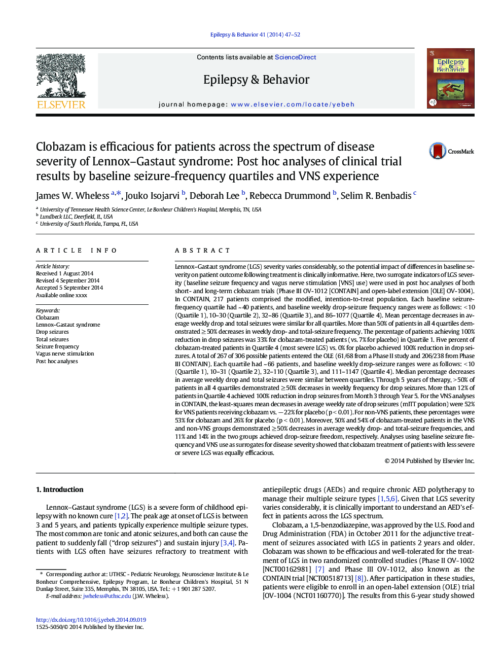 Clobazam is efficacious for patients across the spectrum of disease severity of Lennox-Gastaut syndrome: Post hoc analyses of clinical trial results by baseline seizure-frequency quartiles and VNS experience