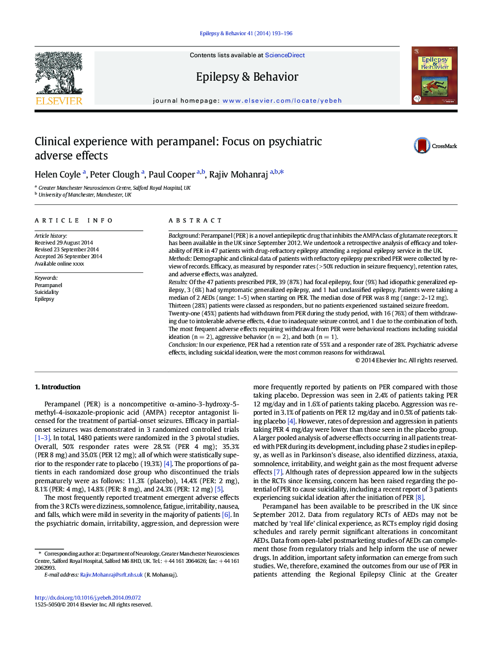 Clinical experience with perampanel: Focus on psychiatric adverse effects