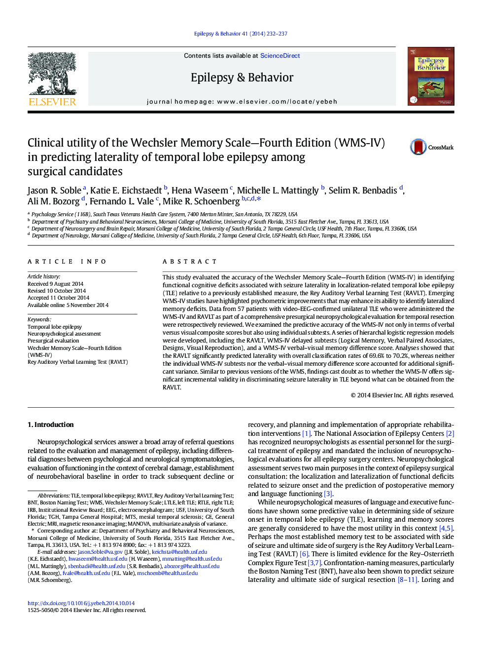 Clinical utility of the Wechsler Memory Scale-Fourth Edition (WMS-IV) in predicting laterality of temporal lobe epilepsy among surgical candidates