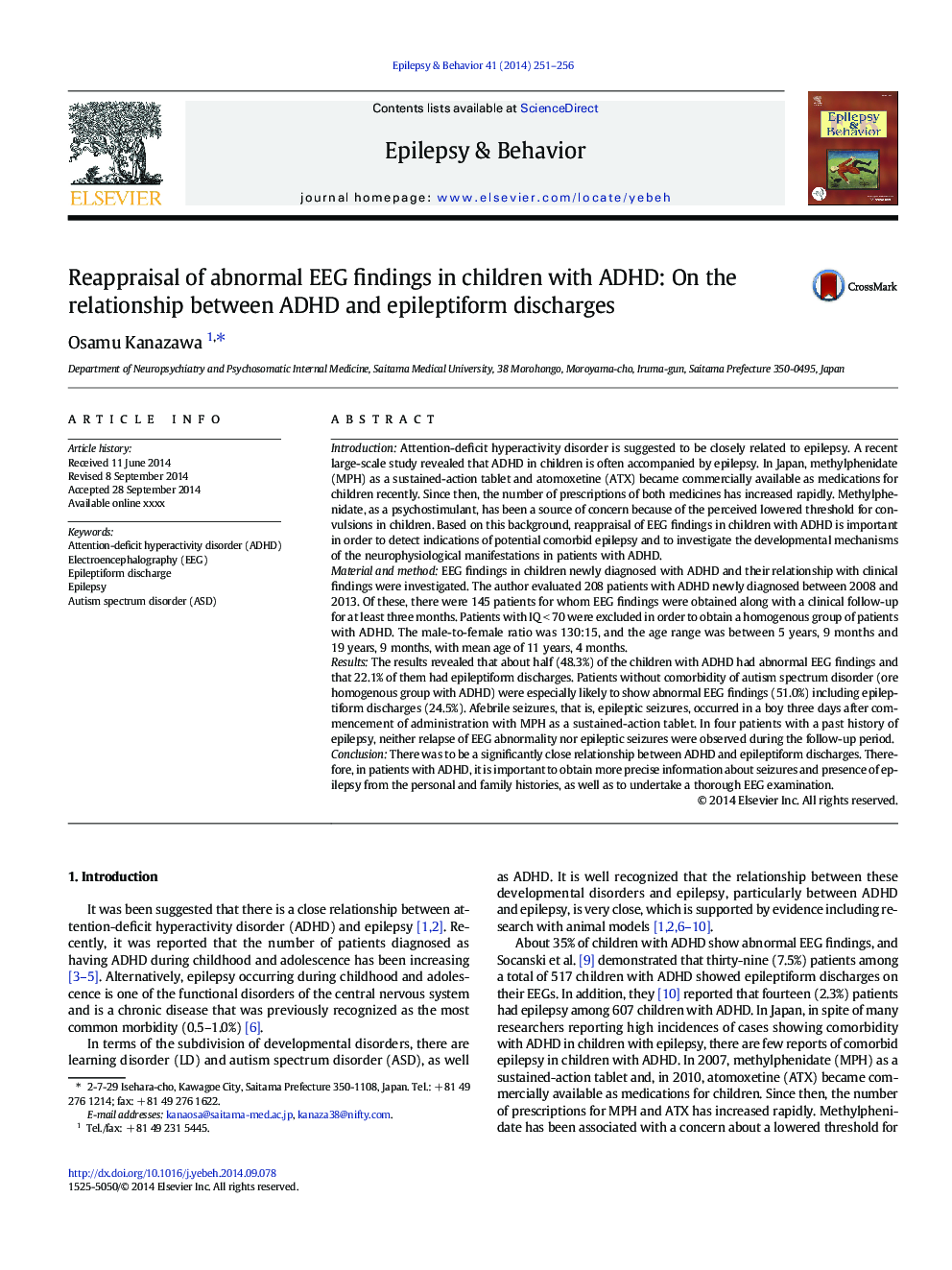 Reappraisal of abnormal EEG findings in children with ADHD: On the relationship between ADHD and epileptiform discharges