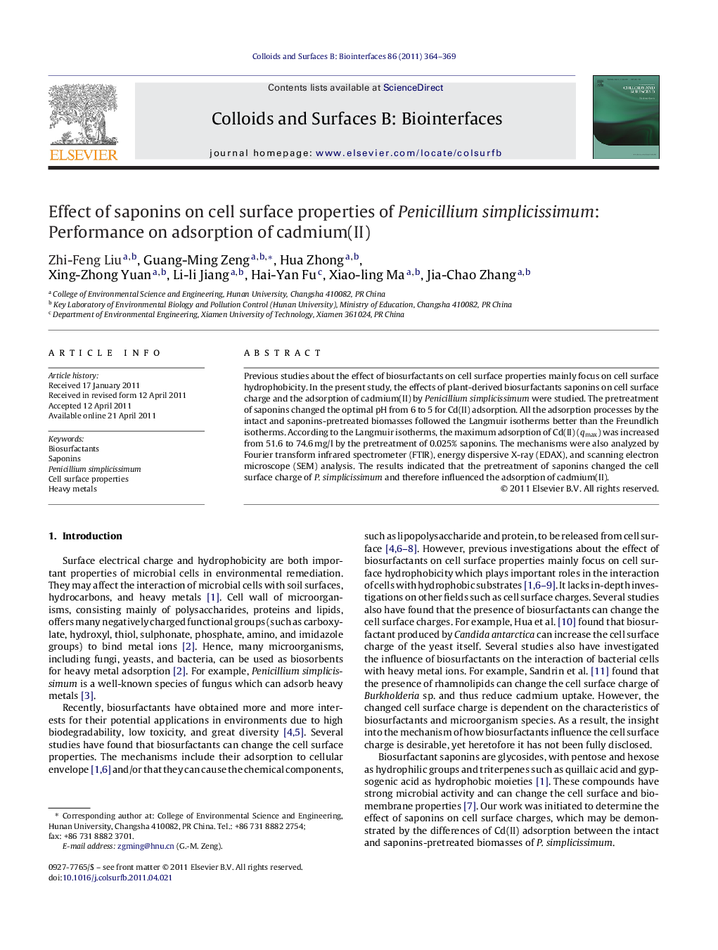 Effect of saponins on cell surface properties of Penicillium simplicissimum: Performance on adsorption of cadmium(II)