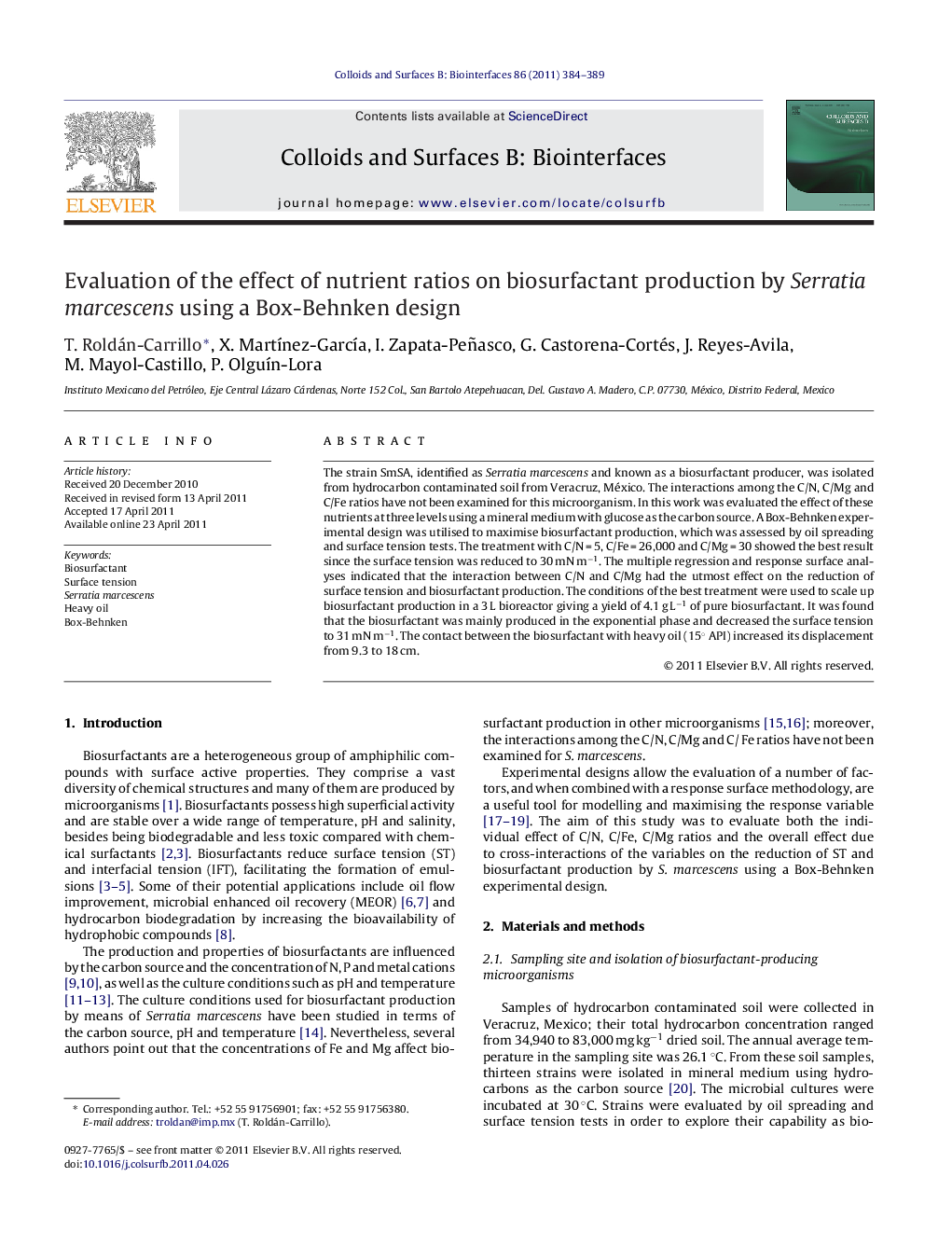 عکس صفحه اول مقاله: Evaluation of the effect of nutrient ratios on biosurfactant production by Serratia marcescens using a Box-Behnken design Evaluation of the effect of nutrient ratios on biosurfactant production by Serratia marcescens using a Box-Behnken design