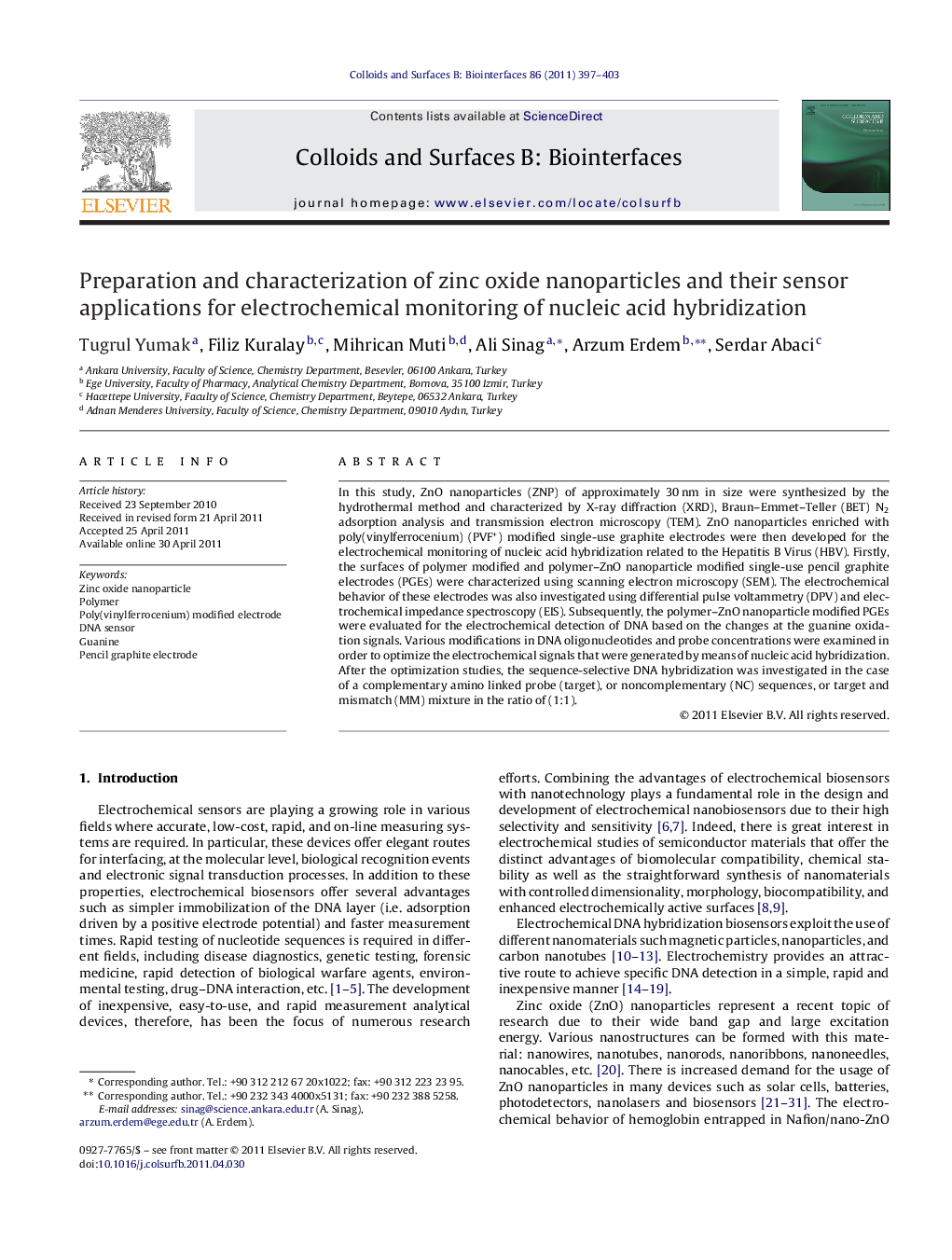 Preparation and characterization of zinc oxide nanoparticles and their sensor applications for electrochemical monitoring of nucleic acid hybridization