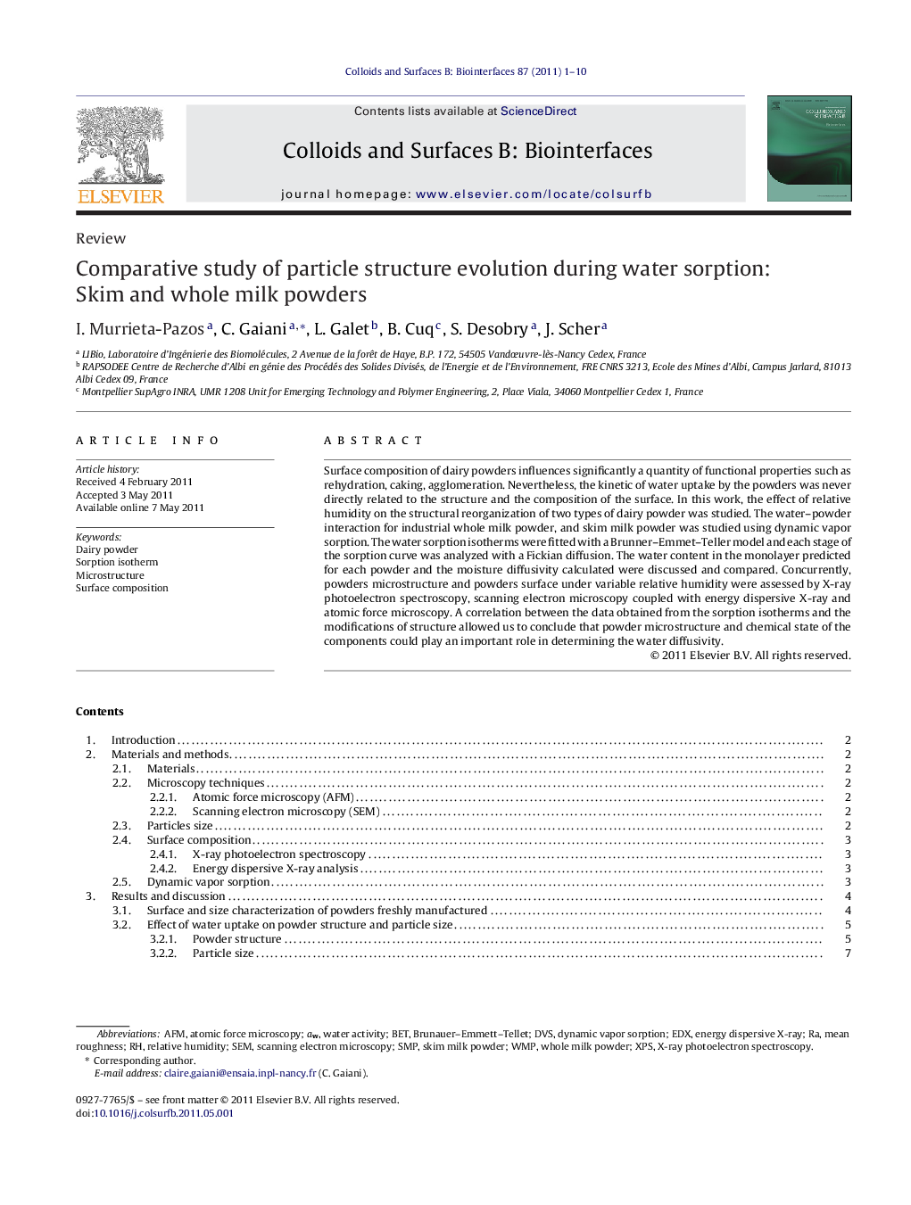 عکس صفحه اول مقاله: Comparative study of particle structure evolution during water sorption: Skim and whole milk powders Comparative study of particle structure evolution during water sorption: Skim and whole milk powders