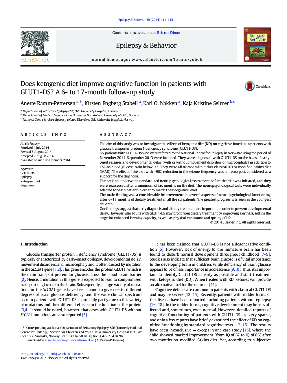 عکس صفحه اول مقاله: Does ketogenic diet improve cognitive function in patients with GLUT1-DS? A 6- to 17-month follow-up study Does ketogenic diet improve cognitive function in patients with GLUT1-DS? A 6- to 17-month follow-up study
