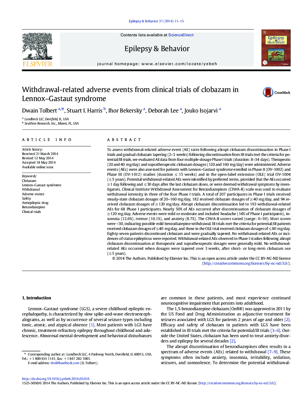 Withdrawal-related adverse events from clinical trials of clobazam in Lennox-Gastaut syndrome