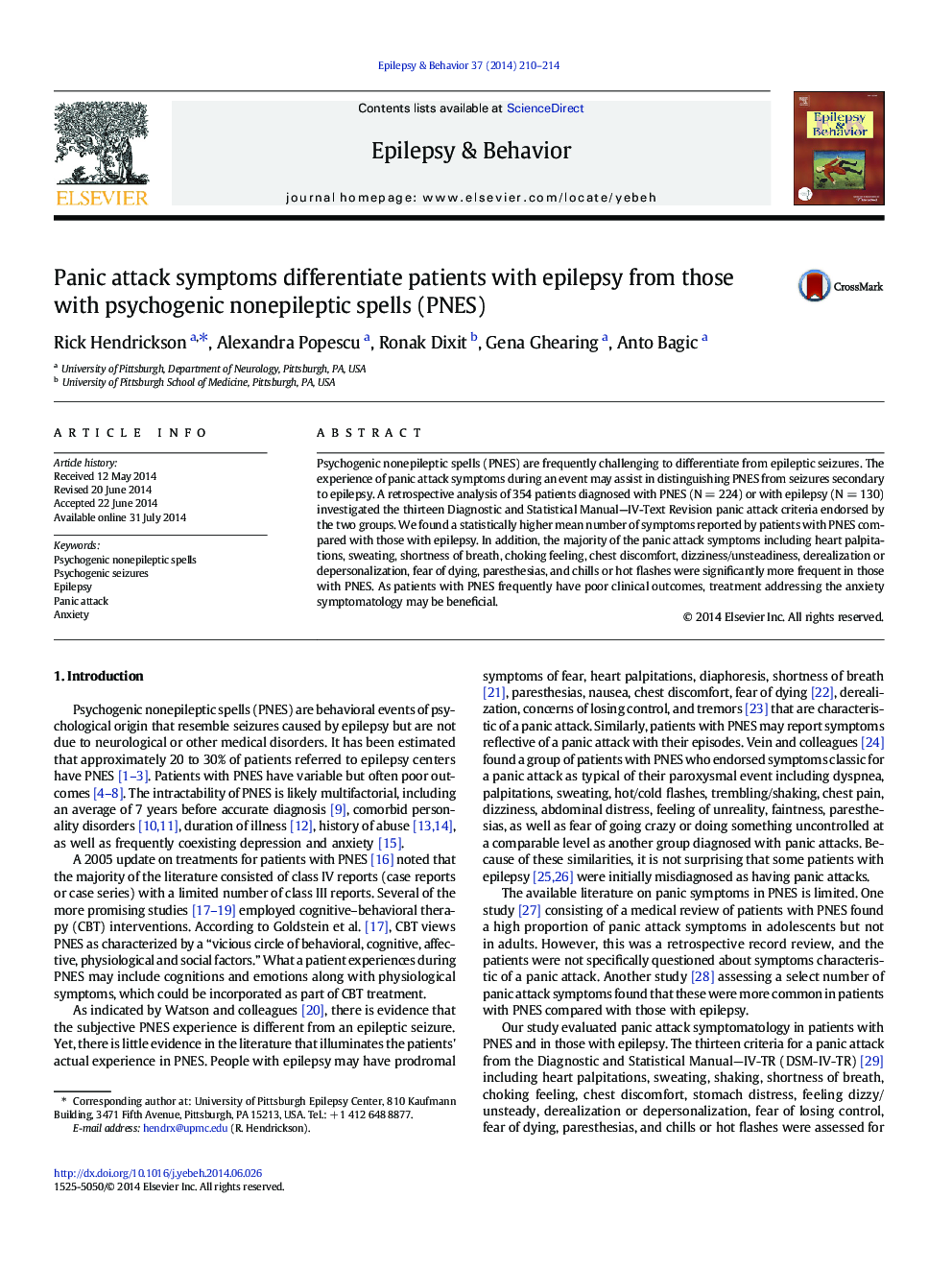 Panic attack symptoms differentiate patients with epilepsy from those with psychogenic nonepileptic spells (PNES)