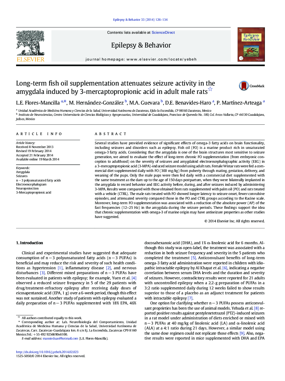 Long-term fish oil supplementation attenuates seizure activity in the amygdala induced by 3-mercaptopropionic acid in adult male rats