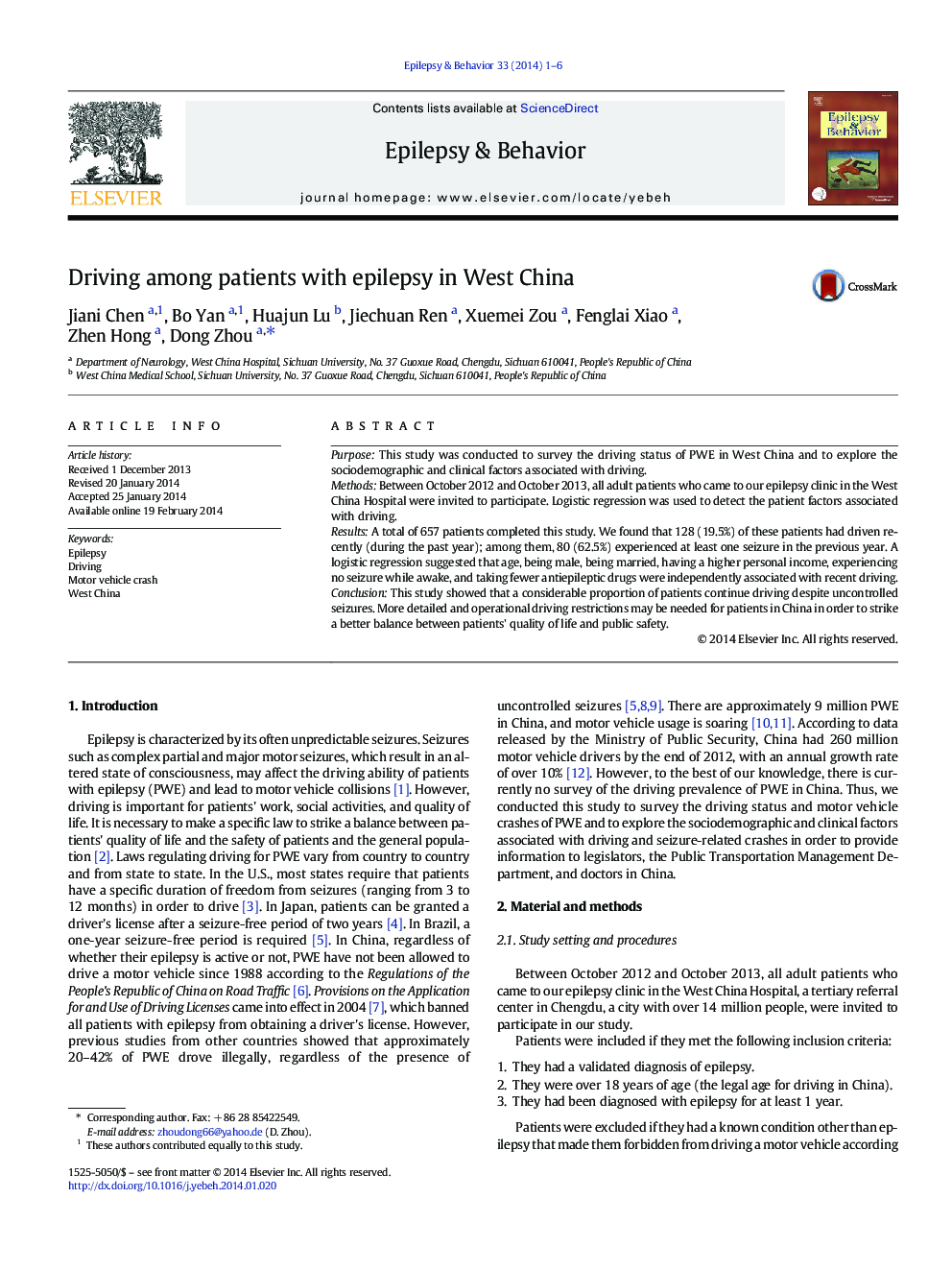 Driving among patients with epilepsy in West China