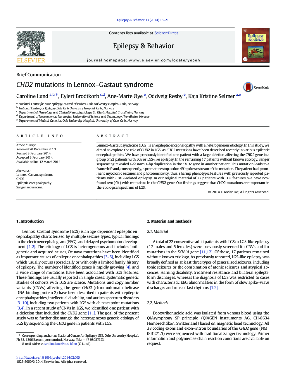 CHD2 mutations in Lennox-Gastaut syndrome