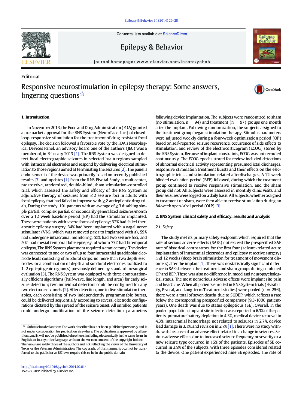 Responsive neurostimulation in epilepsy therapy: Some answers, lingering questions