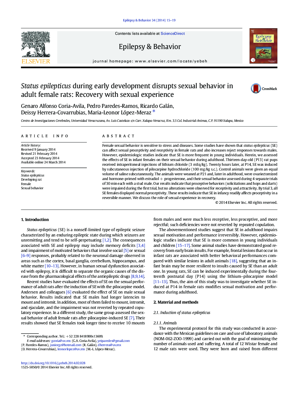 Status epilepticus during early development disrupts sexual behavior in adult female rats: Recovery with sexual experience